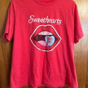 Red Short Sleeve Tee with Graphic Print and Cursive Text